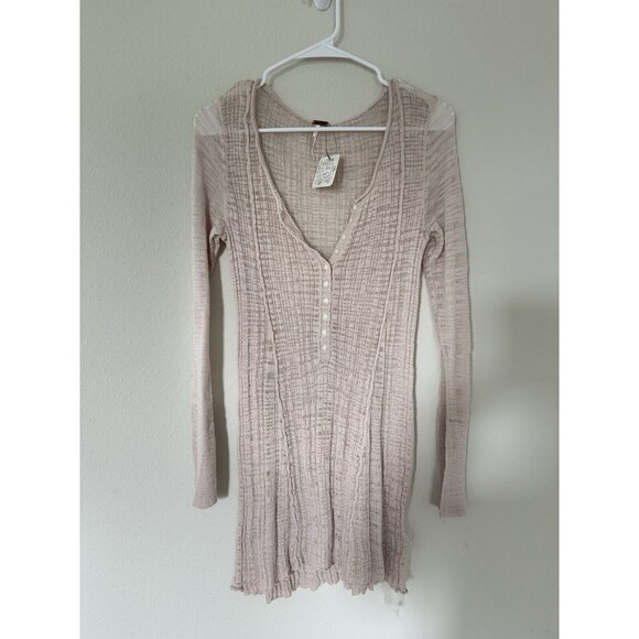 Free People Boho Chic Ivory Gauzey Sheer Knit Mini Dress Beach Coverup Size S - Picture 1 of 8